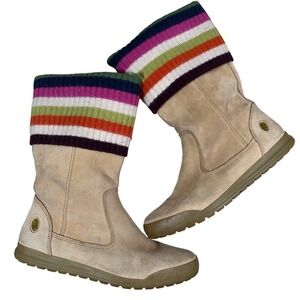 VTG Y2K Coach Tatum Tan Suede Striped Wool Knit Cuff Mid Calf Boots Womens 8